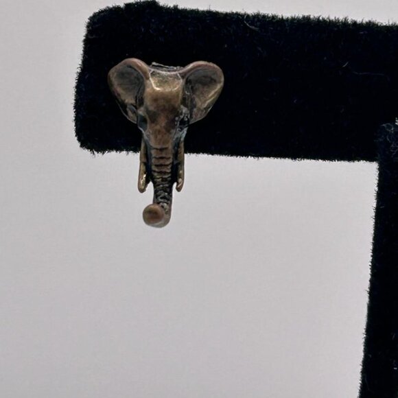 Antiqued Gold Detailed Elephant Stud Earrings with Rhinestone Eyes - Picture 4 of 6